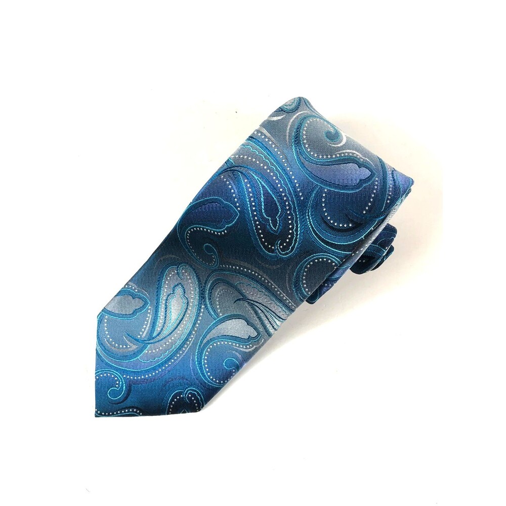 Men's 100% Silk Tie Blue Teal Black Gray Paisley Pattern Woven RN 121148 Necktie